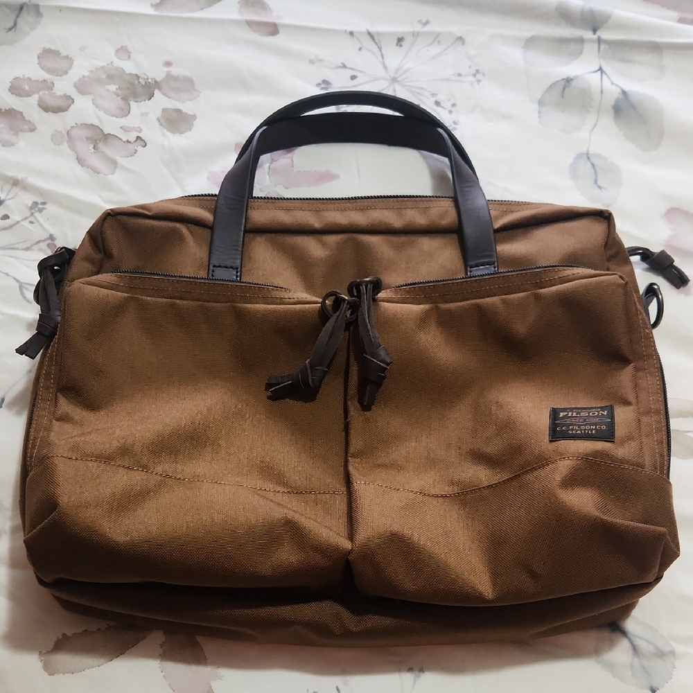 Filson Brown Canvas Laptop Bag with Dark Brown Leather Handles and Trim